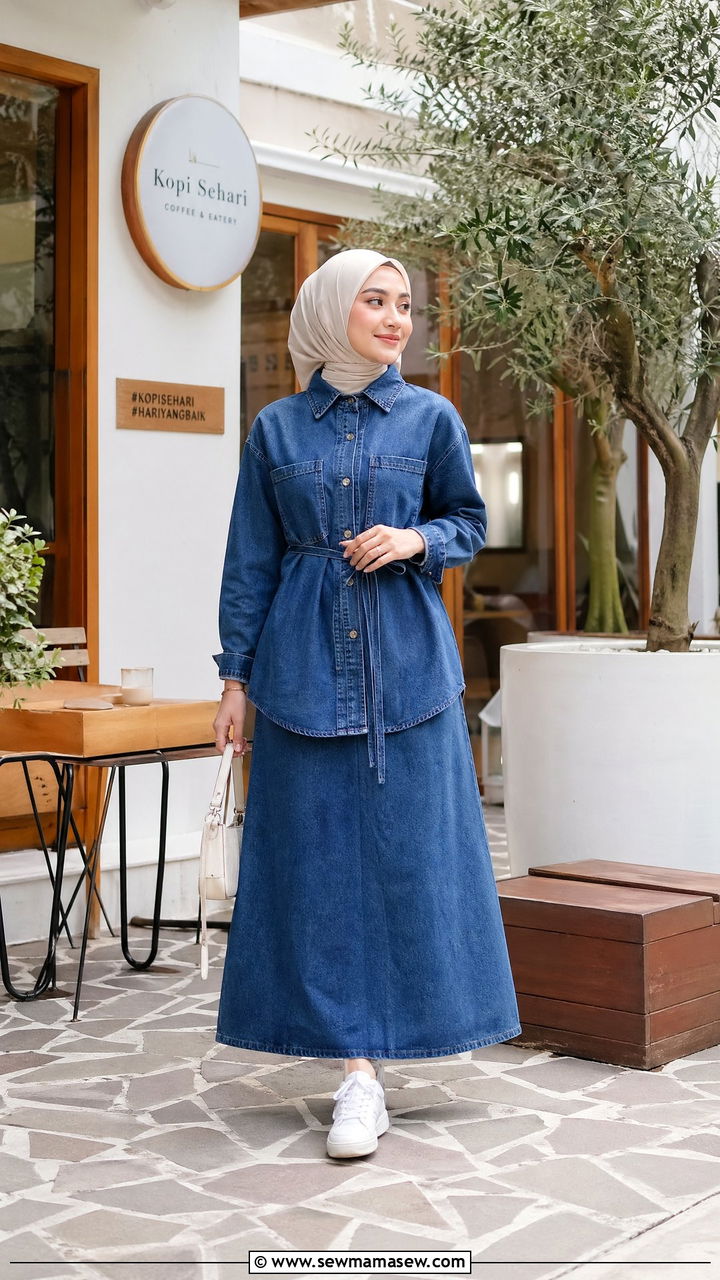 Denim long shirt with A line denim skirt - 35 Eid outfit ideas modest