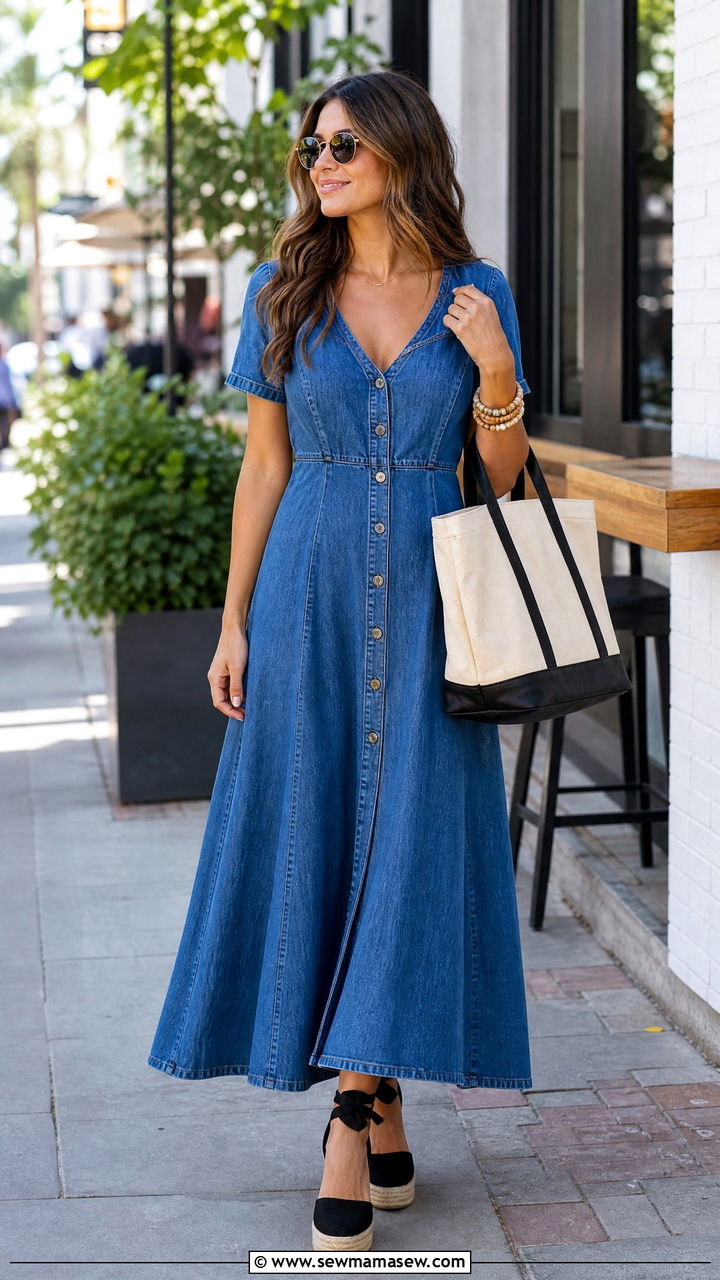 Denim maxi dress with espadrille wedges - 30 Maxi dress outfit ideas with heels