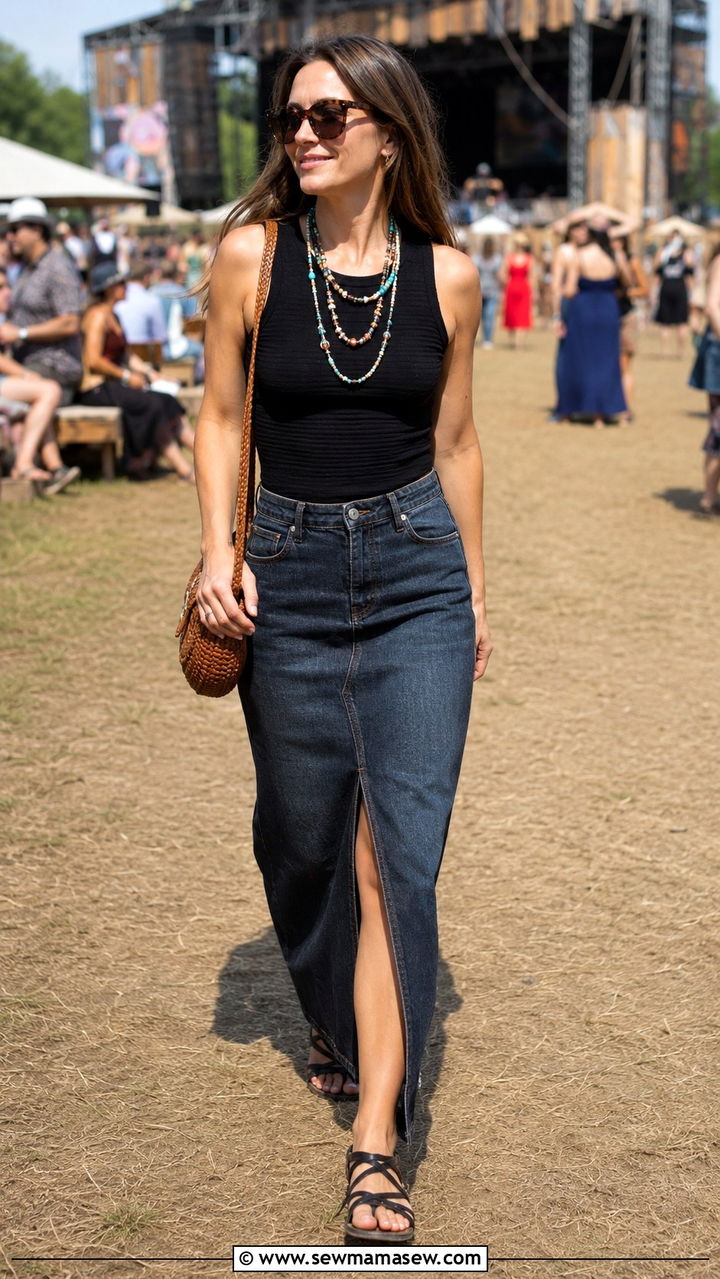 Denim maxi skirt and black top for jazz festival - 30 Jazz concert outfit ideas