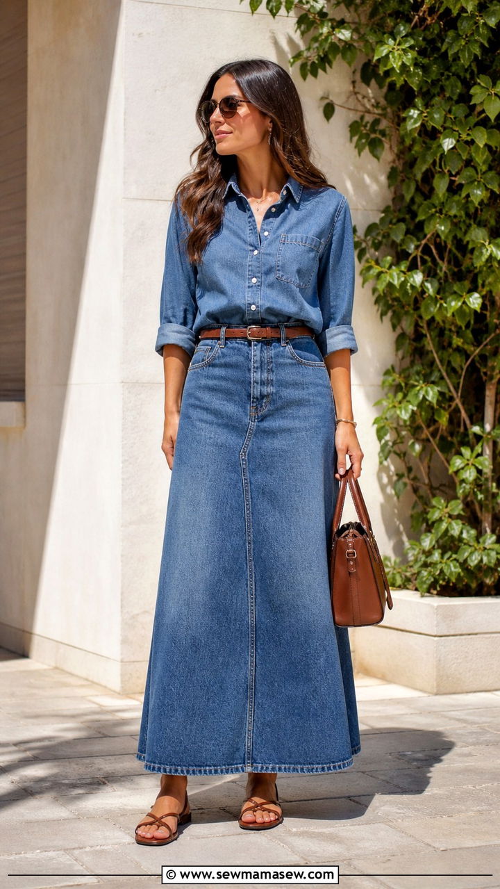 Denim maxi skirt and denim button down - 40 Denim on denim outfit ideas