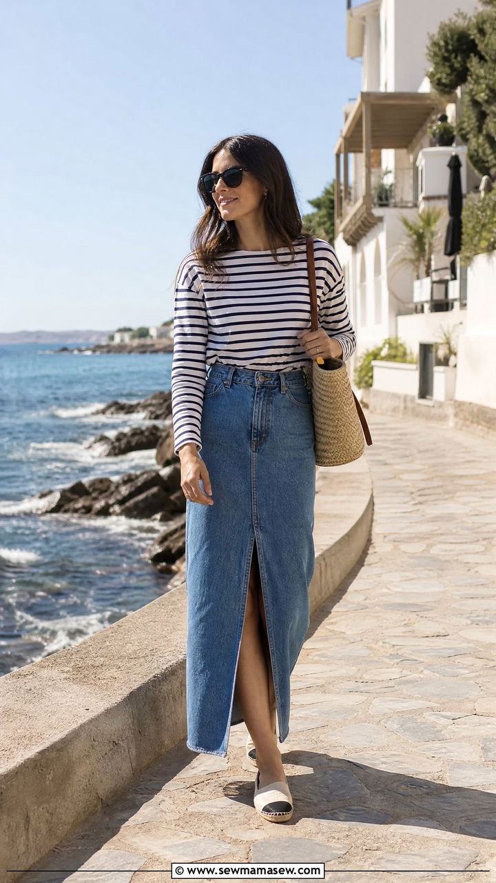 Denim maxi skirt and striped long sleeve tee - 30 modest brunch outfit ideas