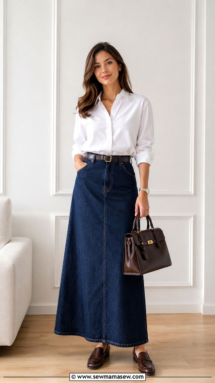 Denim maxi skirt with button down shirt and loafers - 30 denim maxi skirt outfit ideas for women