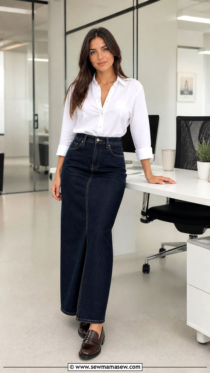 Denim maxi skirt with button down shirt and loafers - 40 maxi skirt outfits