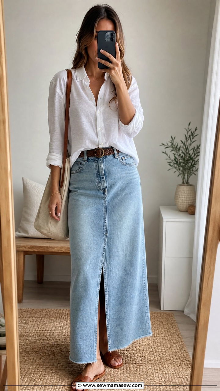 Denim maxi skirt with button down shirt - 25 chic maxi skirt outfit ideas