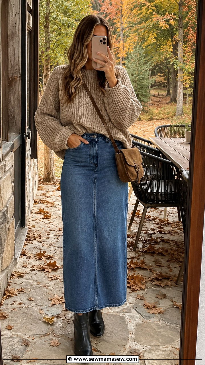 Denim maxi skirt with chunky sweater and ankle boots - 30 denim maxi skirt outfit ideas for women
