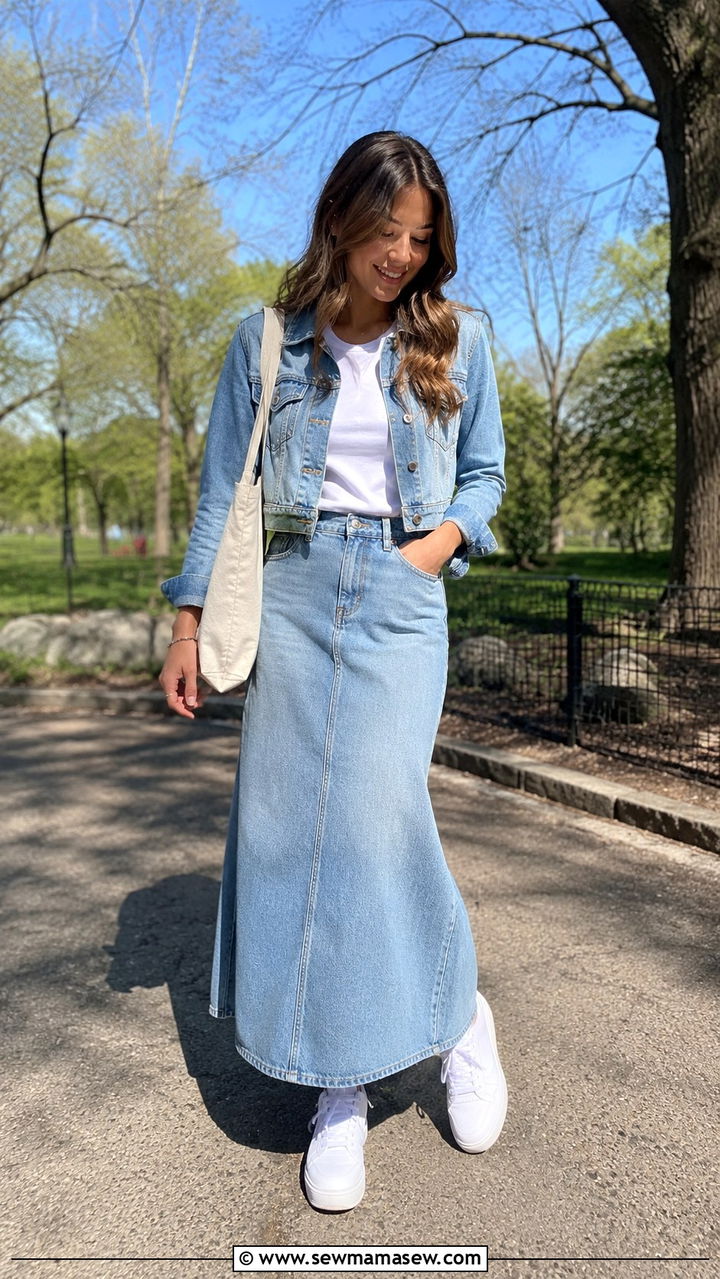 Denim maxi skirt with denim jacket and sneakers - 30 denim maxi skirt outfit ideas for women