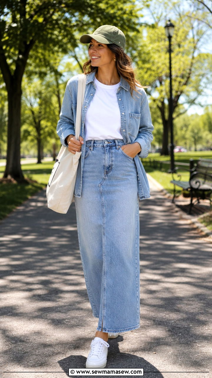 Denim maxi skirt with denim shirt layered over white tee - 30 denim maxi skirt outfit ideas for women