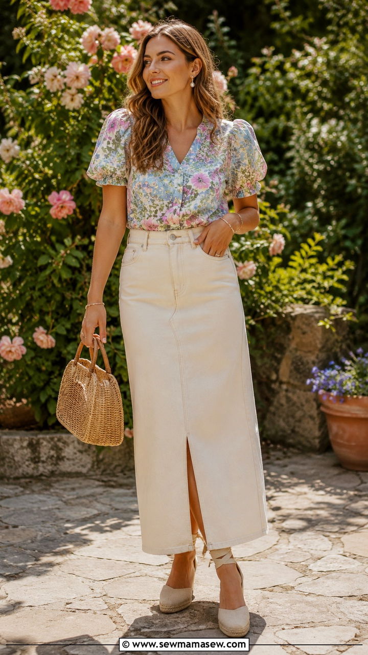Denim maxi skirt with floral blouse and espadrilles - 30 denim maxi skirt outfit ideas for women