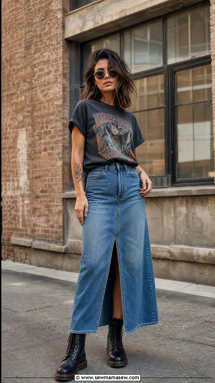 Denim maxi skirt with graphic tee and combat boots - 35 how to style maxi skirt