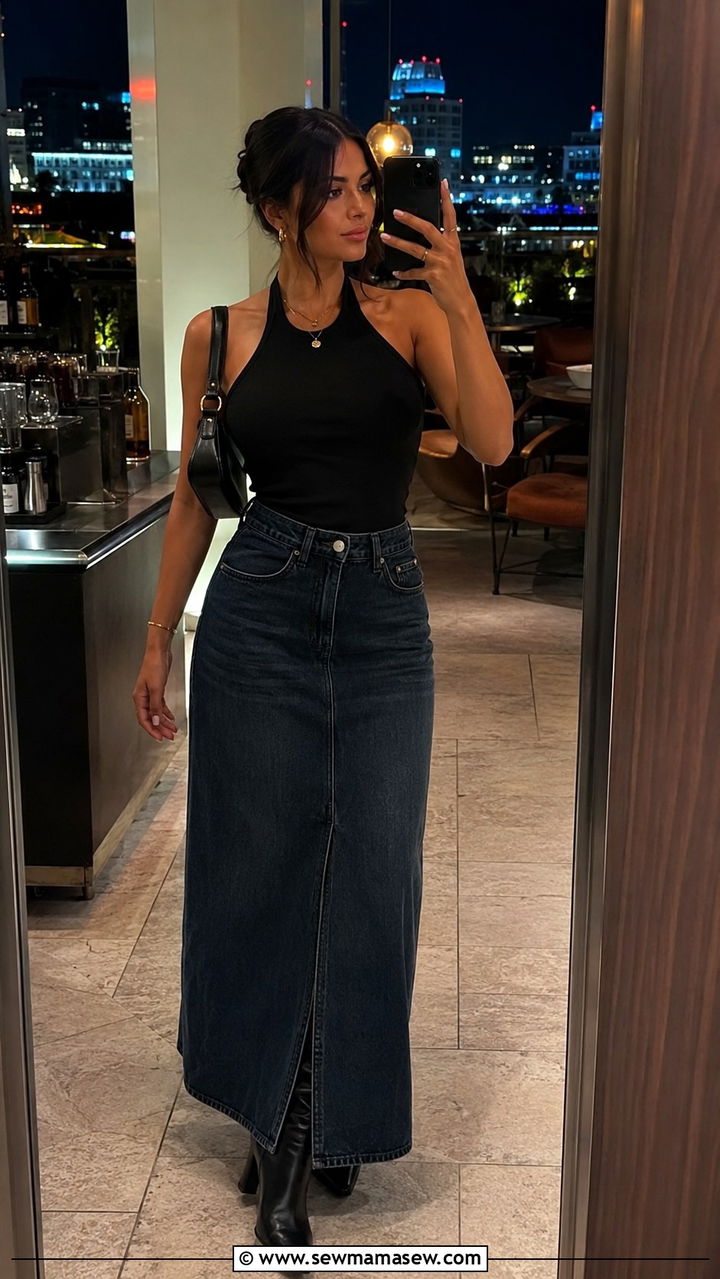 Denim maxi skirt with halter top and black boots - 30 denim maxi skirt outfit ideas for women