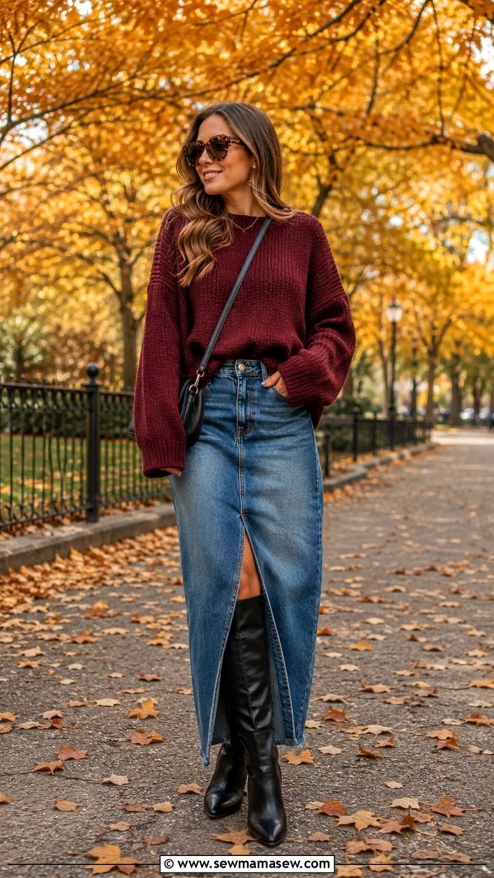 Denim maxi skirt with oversized sweater and knee high boots - 30 denim maxi skirt outfit ideas for women
