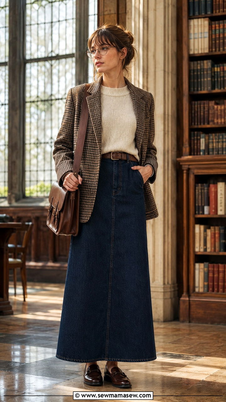 Denim maxi skirt with plaid blazer and loafers - 30 denim maxi skirt outfit ideas for women