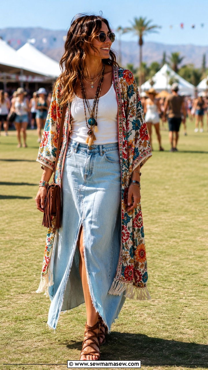 Denim maxi skirt with printed kimono and gladiator sandals - 30 denim maxi skirt outfit ideas for women