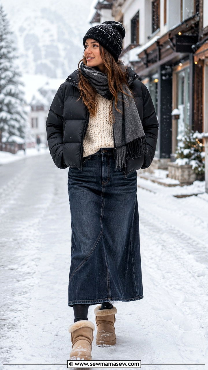 Denim maxi skirt with puffer jacket and snow boots - 30 denim maxi skirt outfit ideas for women