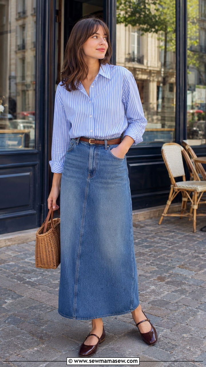 Denim maxi skirt with striped button down and Mary Janes - 30 denim maxi skirt outfit ideas for women