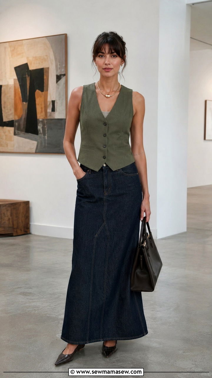 Denim maxi skirt with tailored vest and pointed flats - 30 denim maxi skirt outfit ideas for women