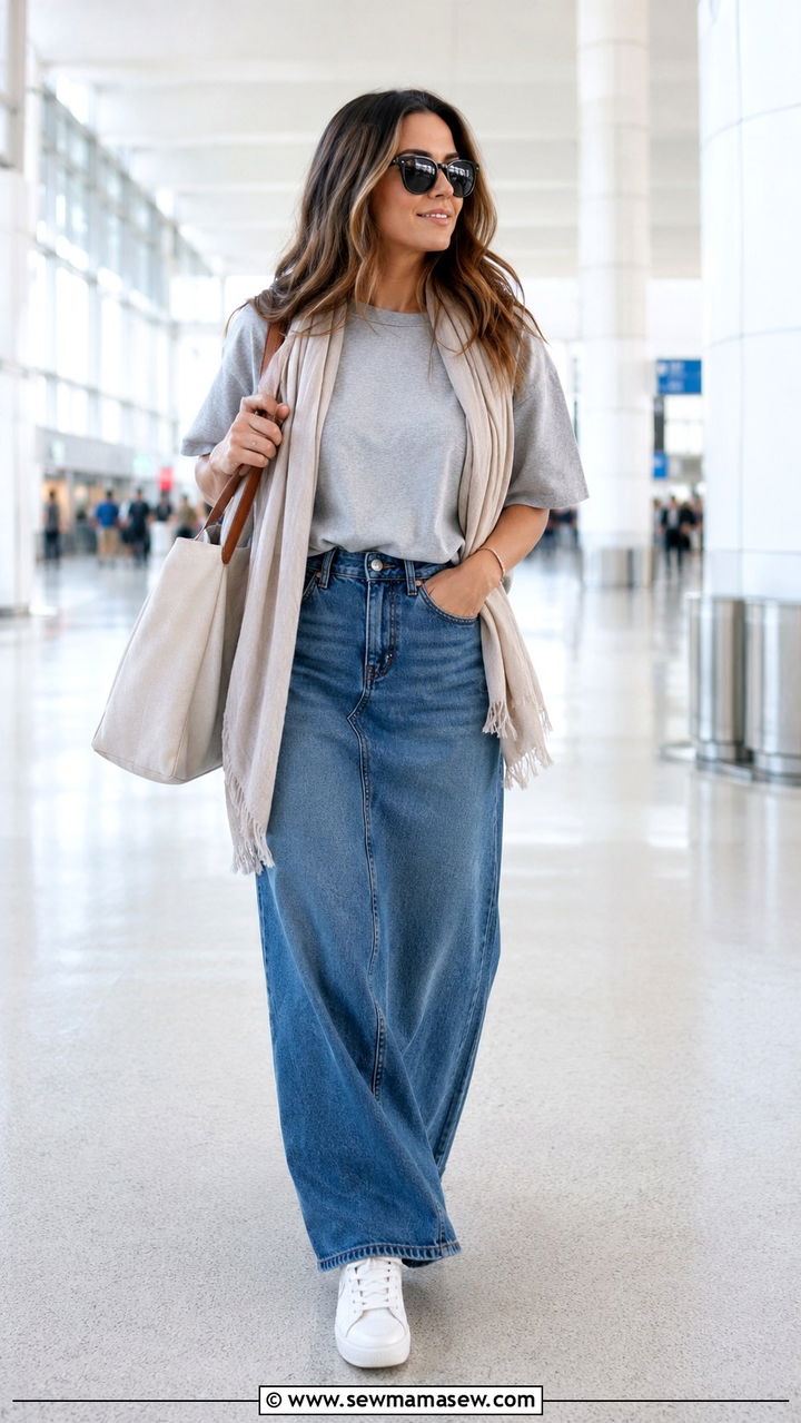 Denim maxi skirt with tee and sneakers for travel - 30 denim maxi skirt outfit ideas for women