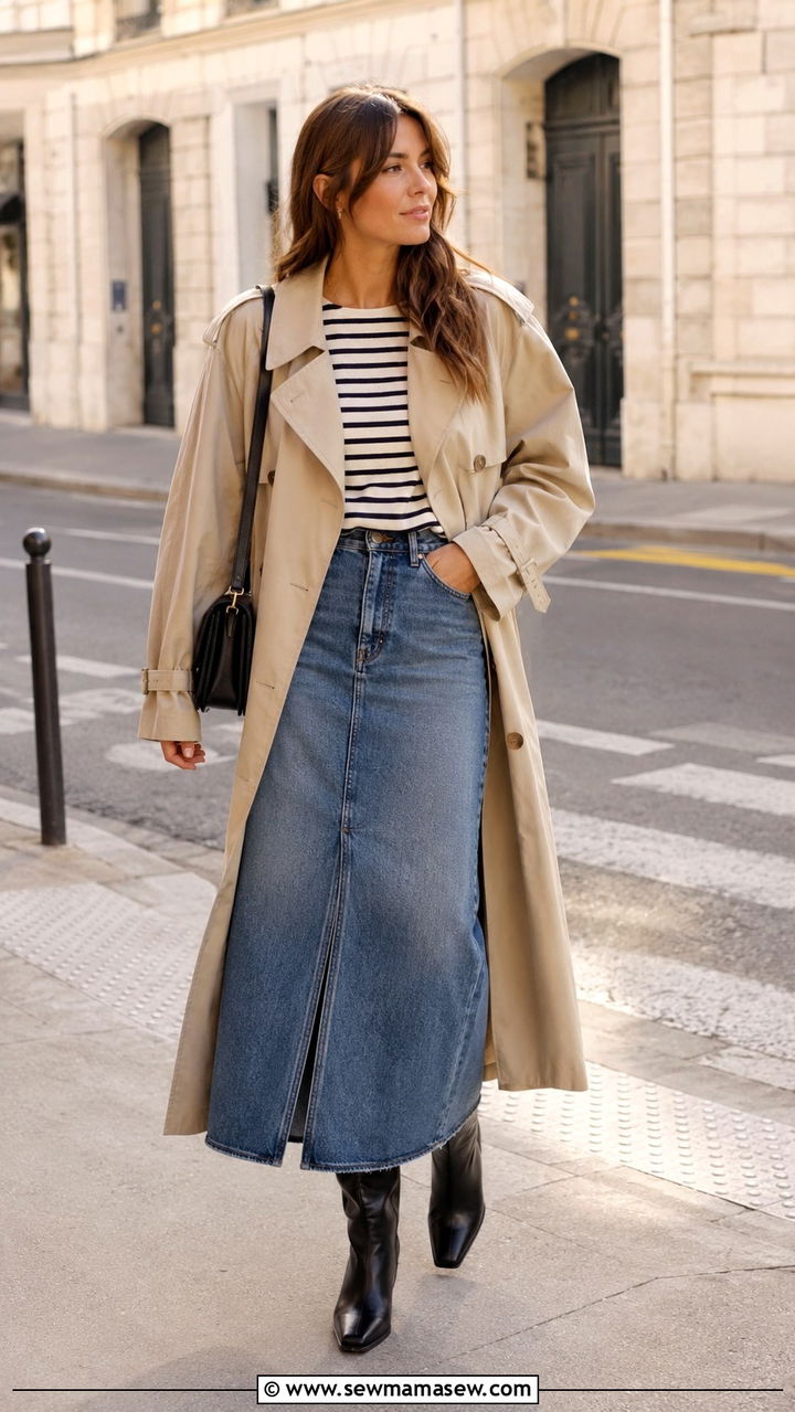 Denim maxi skirt with trench coat and striped shirt - 30 denim maxi skirt outfit ideas for women