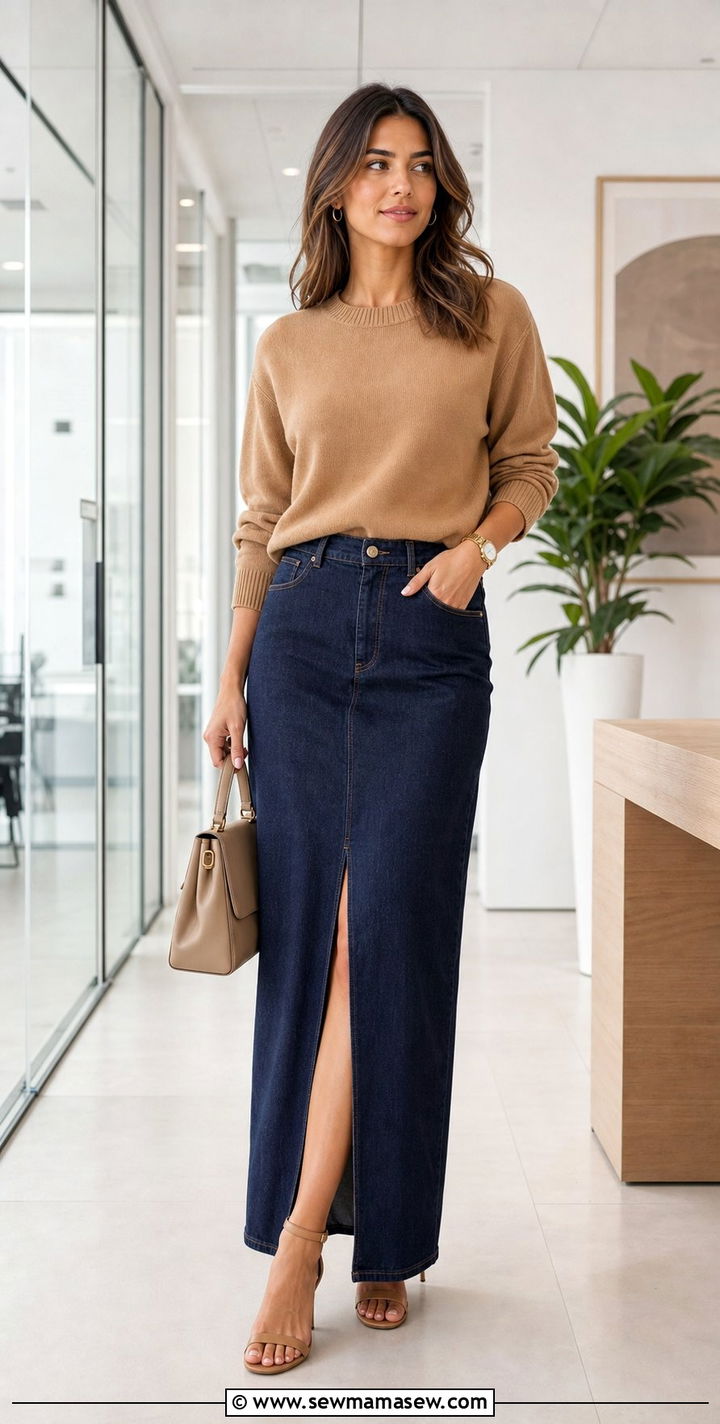 Denim maxi skirt with tucked in knit and heeled sandals - 25 Denim skirt outfit ideas for work
