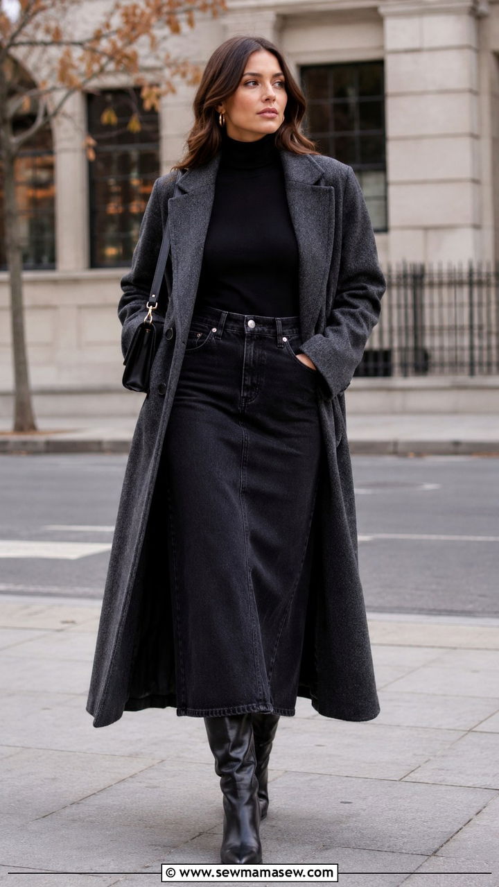 Denim maxi skirt with turtleneck and knee high boots - 30 denim maxi skirt outfit ideas for women