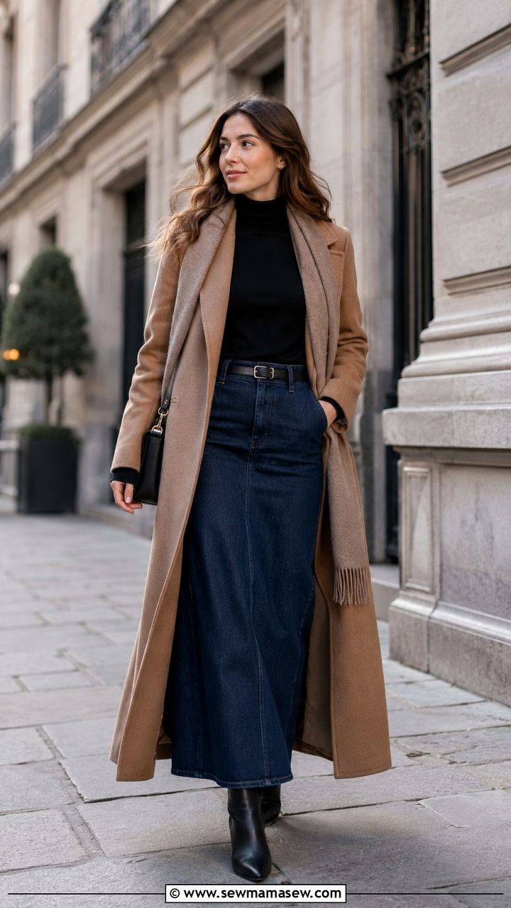 Denim maxi skirt with turtleneck and long wool coat - 30 denim maxi skirt outfit ideas for women