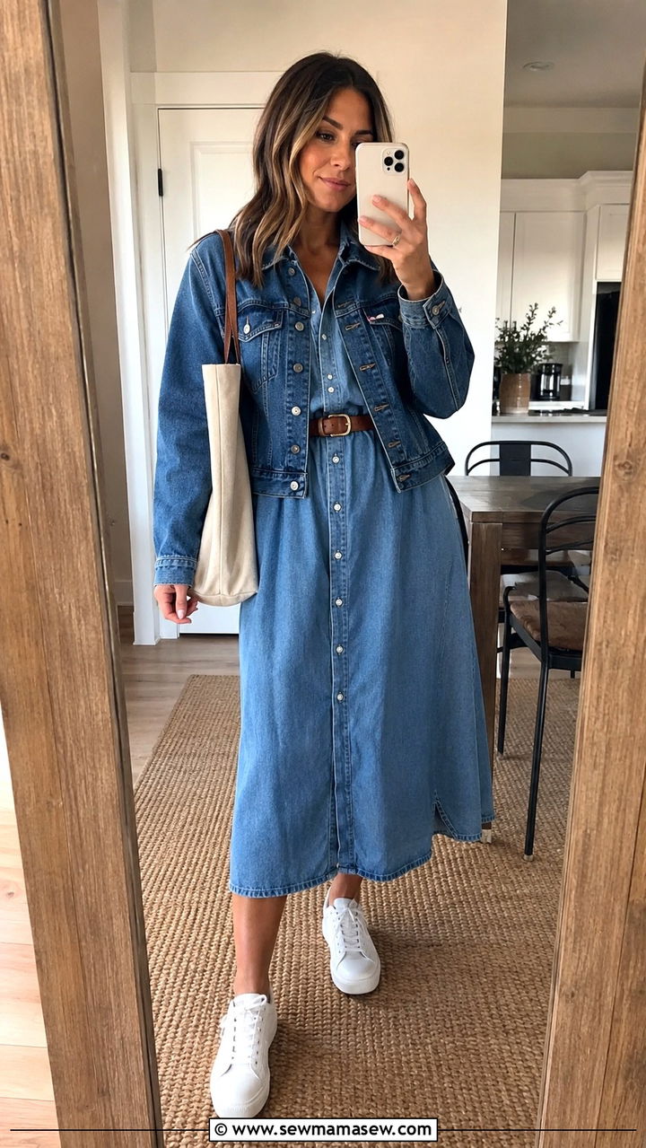 Denim midi dress with a denim jacket for a tonal look - 30 Midi dress outfit ideas with a denim jacket