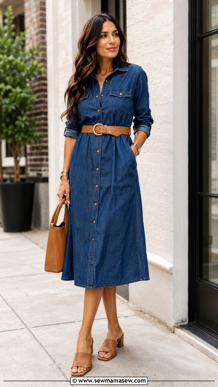 Denim midi dress with a tan belt and mules - 25 Work outfit ideas for Wednesday