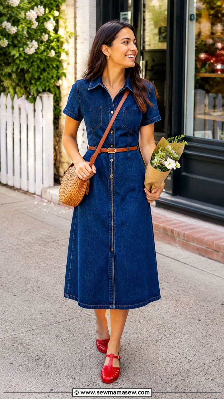 Denim midi dress with red jelly flats - 30 spring running errands outfit ideas