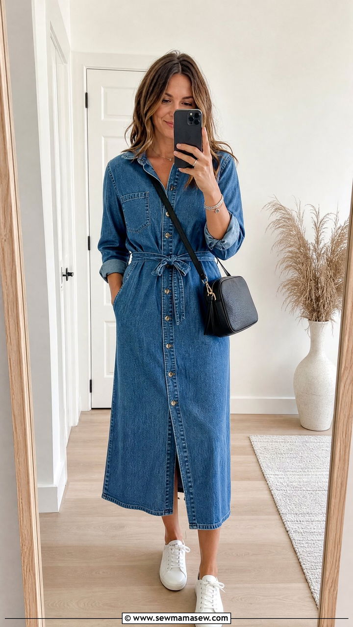 Denim midi dress with sneakers Copenhagen outfit - 25 casual Copenhagen outfits