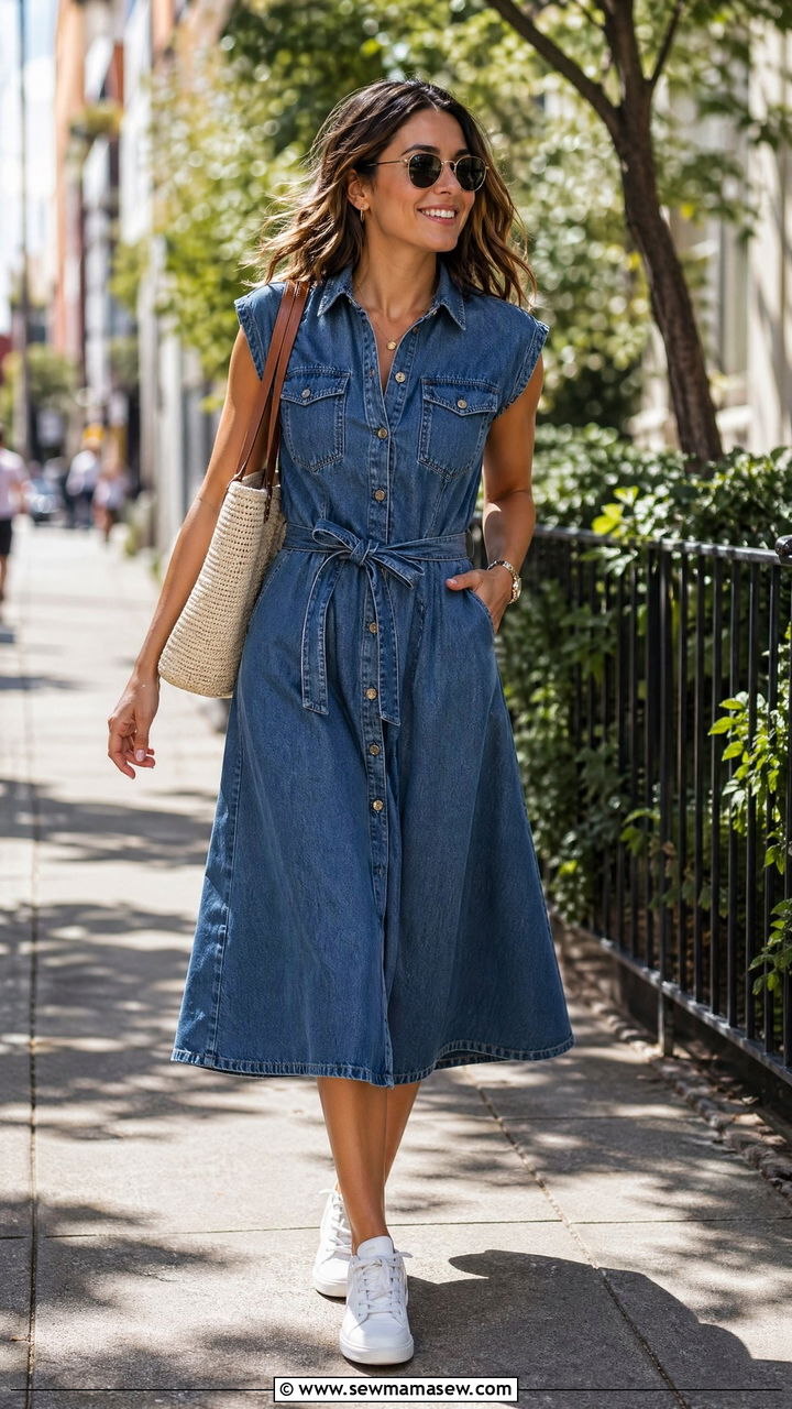 Denim midi dress with white sneakers outfit - 35 dress outfits ideas
