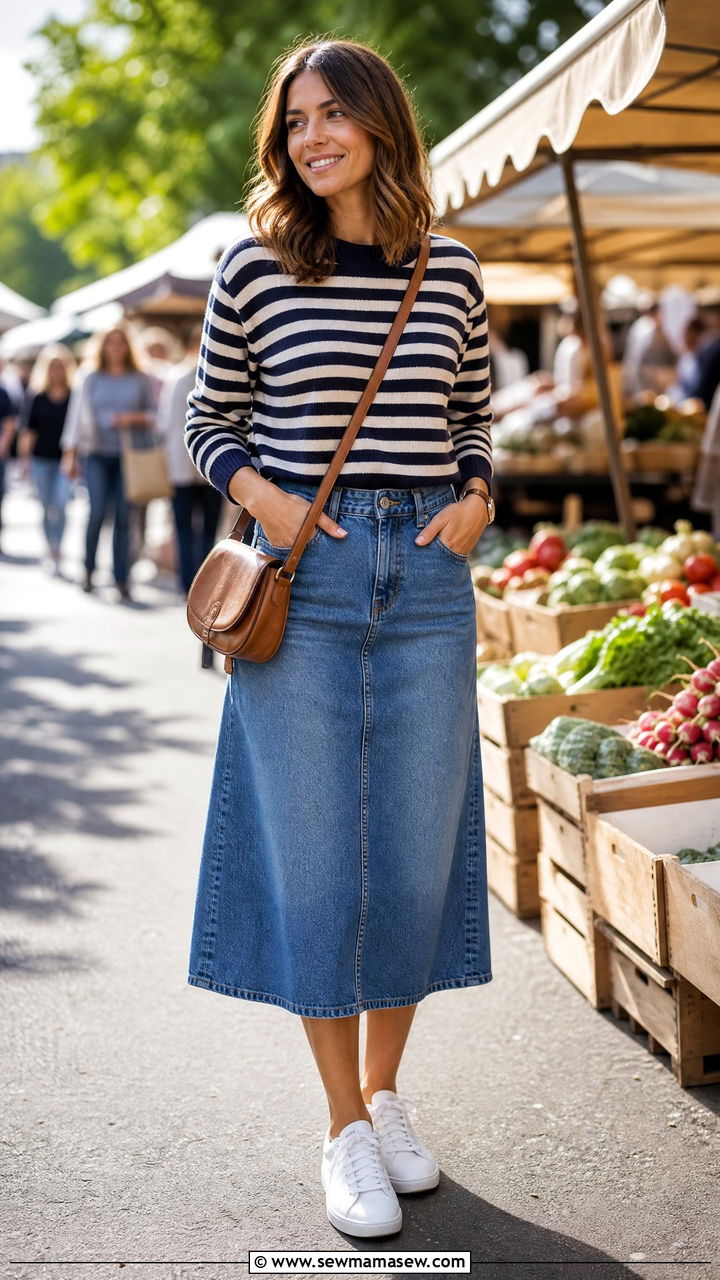 Denim midi skirt and Breton stripe knit outfit - 25 librarian core outfits 2026