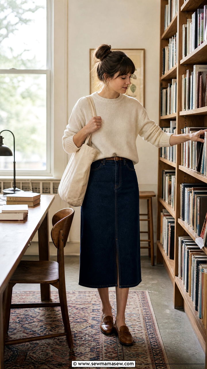 Denim midi skirt and crewneck sweater librarian outfit - 25 librarian core outfits to copy