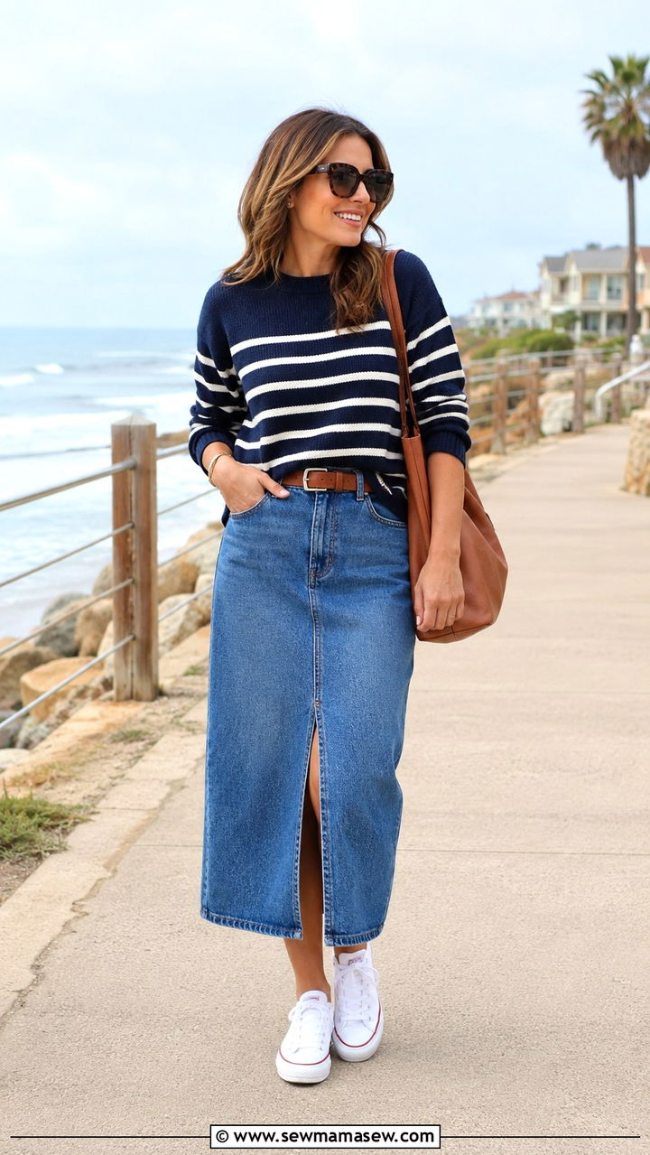 Denim midi skirt and striped sweater with sneakers - 30 How to style a midi skirt in spring