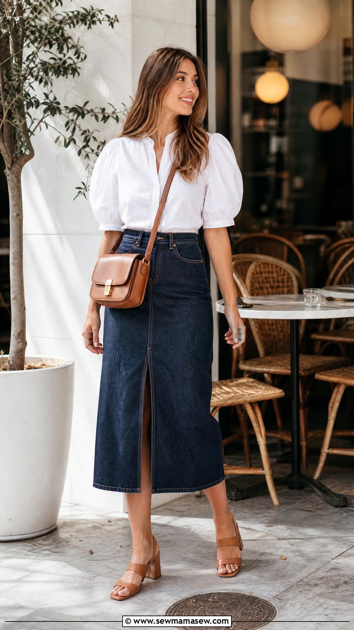Denim midi skirt with a puff sleeve blouse - 30 summer office party outfit ideas