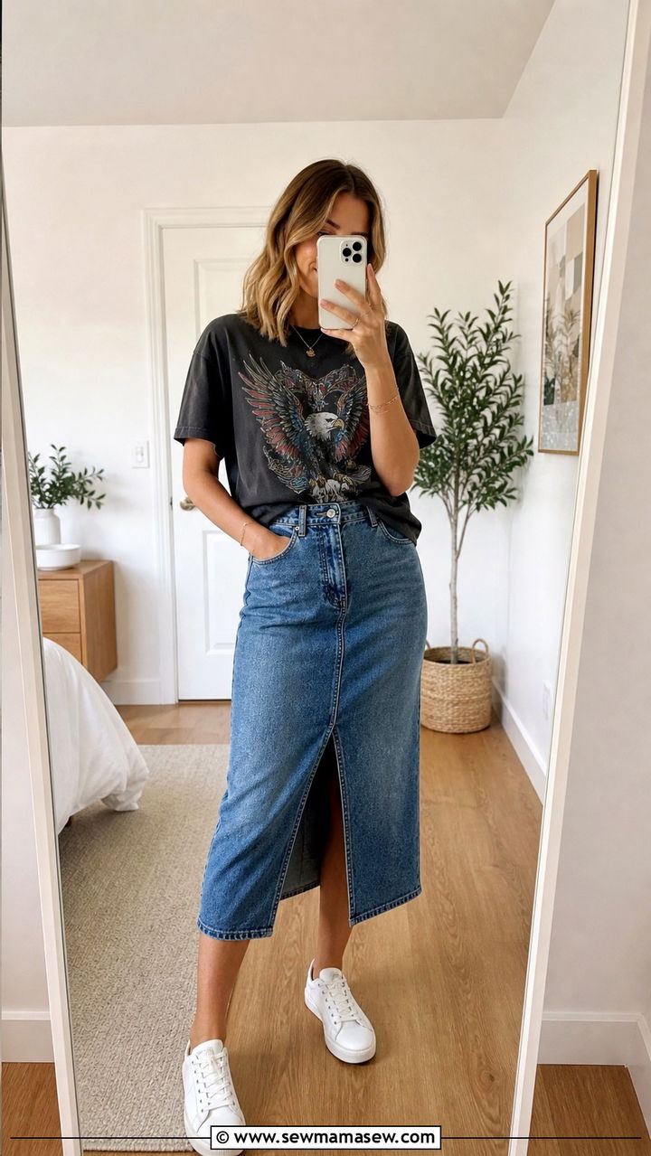 Denim midi skirt with a tucked in graphic tee - 40 What to wear in spring