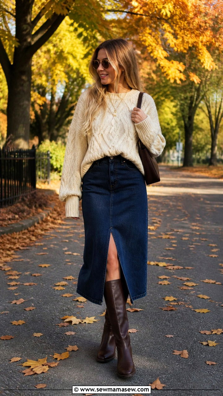 Denim midi skirt with chunky sweater outfit - 40 trendy outfits ideas