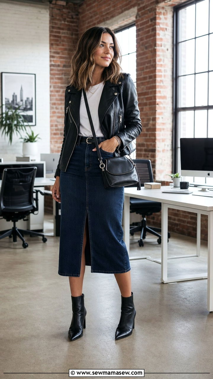 Denim midi skirt with leather jacket and ankle boots - 25 Denim skirt outfit ideas for work