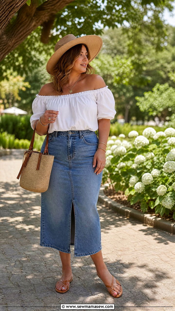 Denim midi skirt with off shoulder top midsize summer outfit - 30 summer midsize outfit ideas