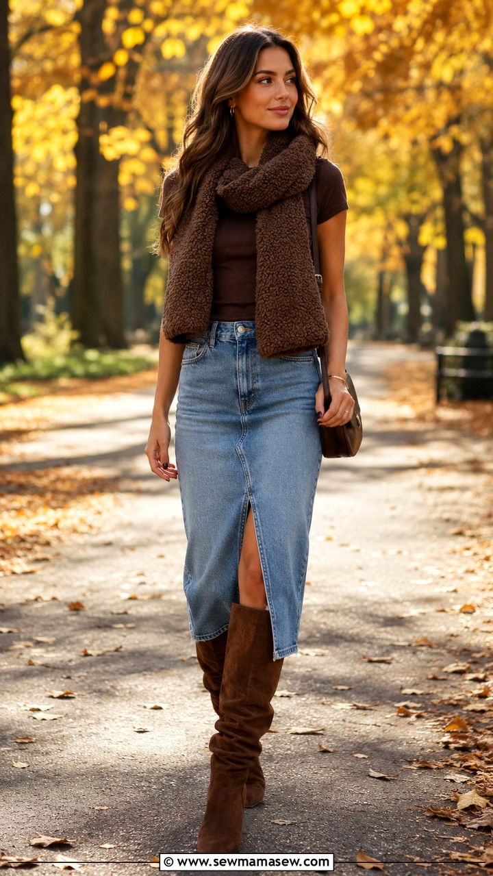 Denim midi skirt with slouchy boots outfit - 25 trendy outfits to copy