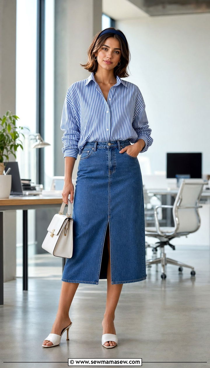 Denim midi skirt with striped button down and mules - 25 Denim skirt outfit ideas for work