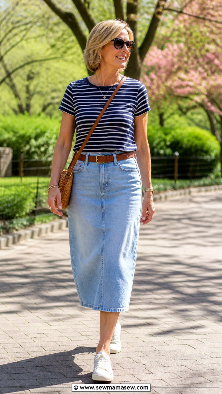 Denim midi skirt with striped top spring outfit - 40 Spring outfit ideas for women over 40 2026