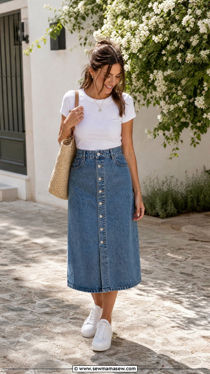 Denim midi skirt with tucked in tee - 30 Music teacher outfit ideas