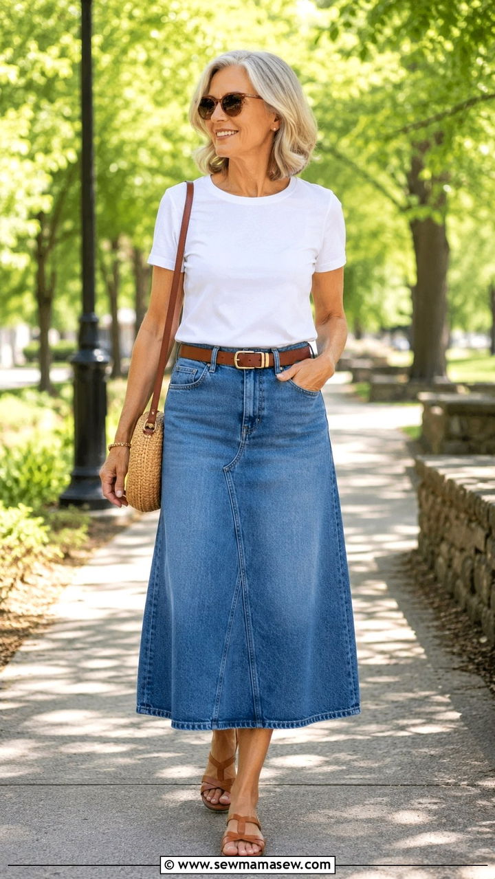 Denim midi skirt with white tee and flat sandals - 20 How to style a midi skirt over 50