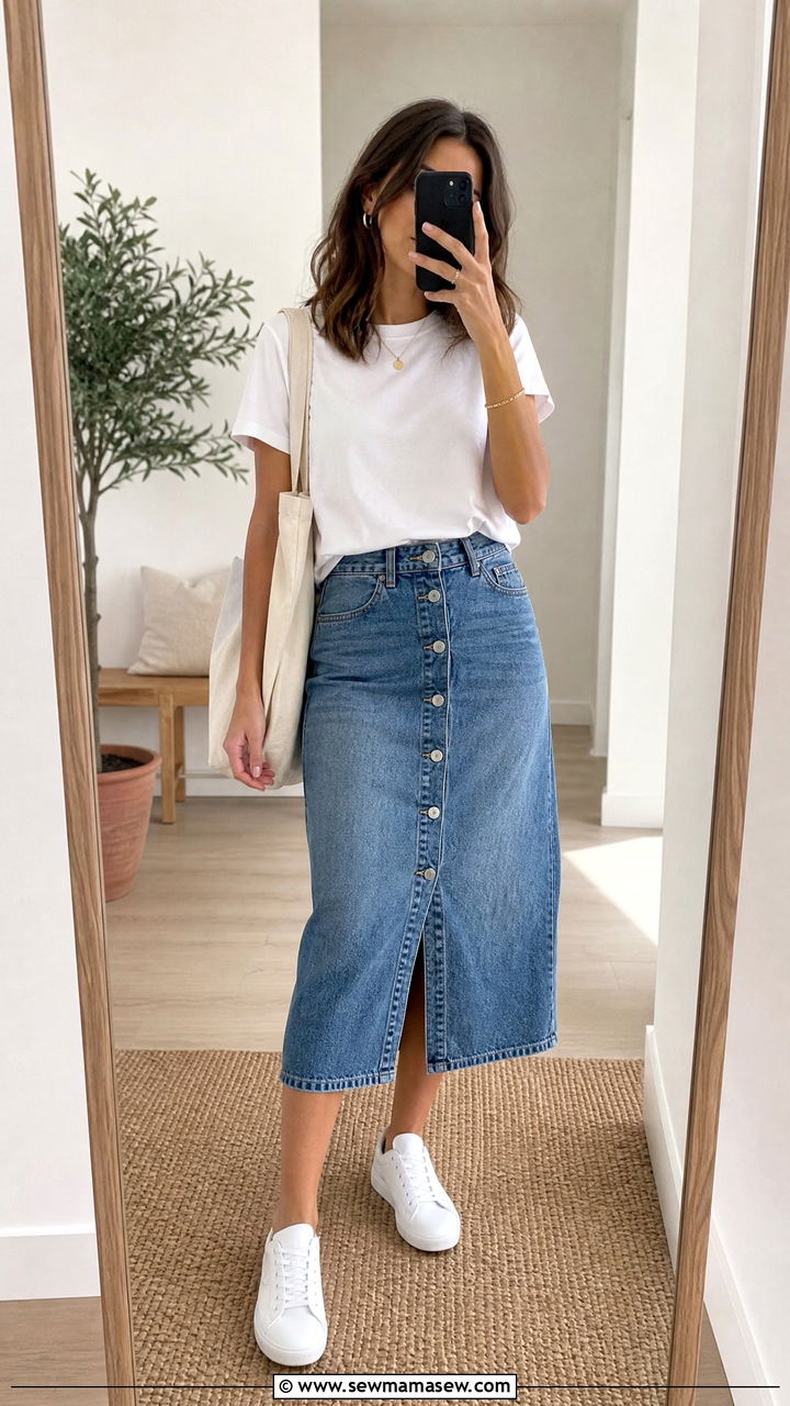 Denim midi skirt with white tee and sneakers city break outfit - 30 summer city break outfit ideas