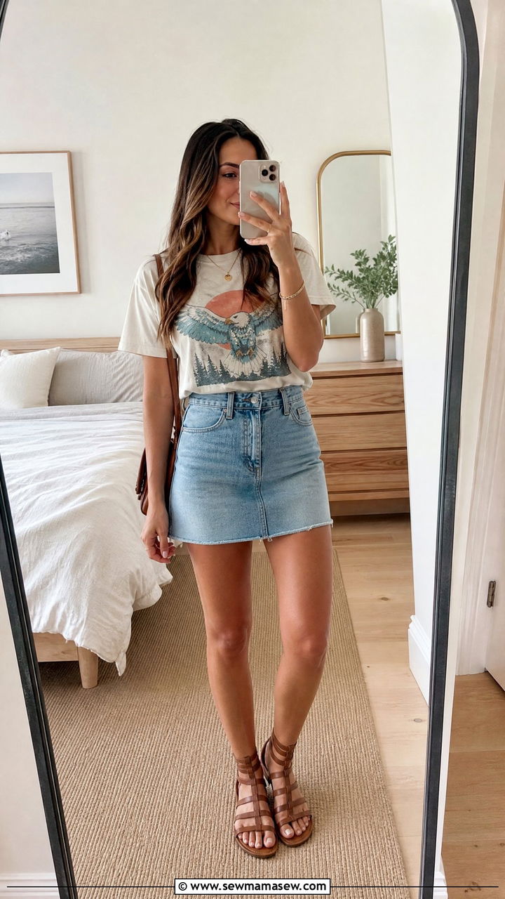 Denim mini skirt with a tucked in graphic tee and ankle gladiator sandals - 30 Gladiator sandal outfit ideas