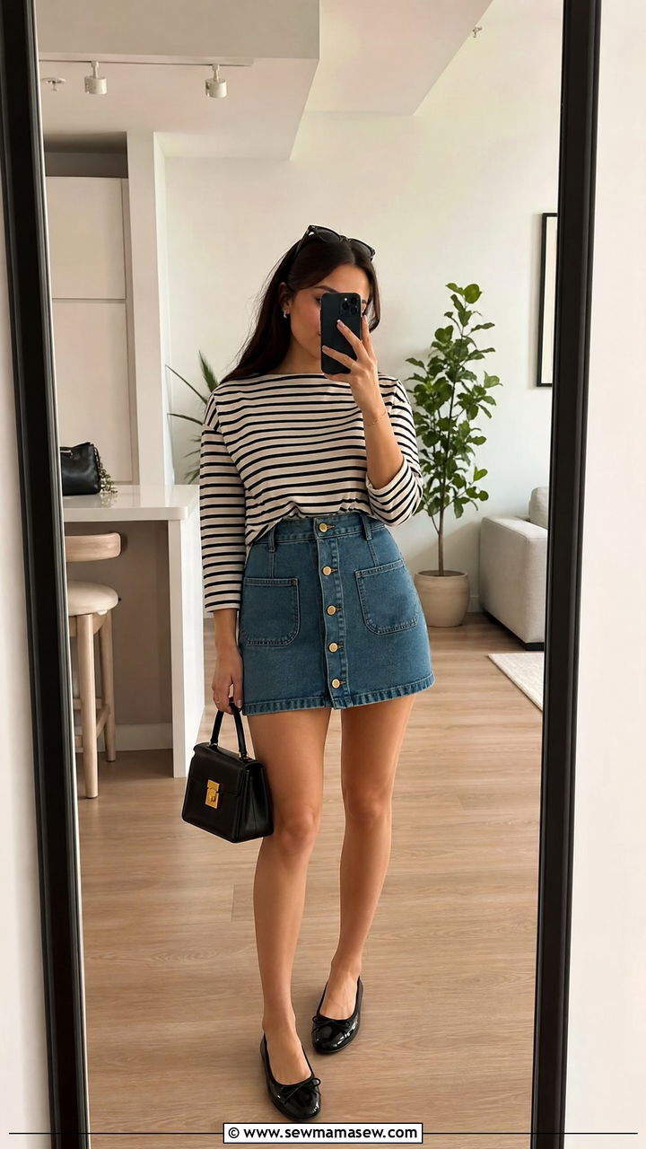 Denim mini skirt with ballet flats outfit - 25 Petite outfit ideas with ballet flats