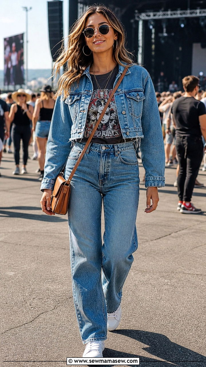 Denim on Denim Concert Outfit With White Sneakers - 40 Concert outfit ideas