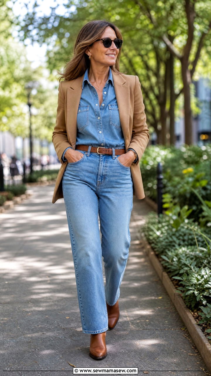 Denim on Denim Matching Set With Ankle Boots - 30 Matching set outfit ideas for women over 40