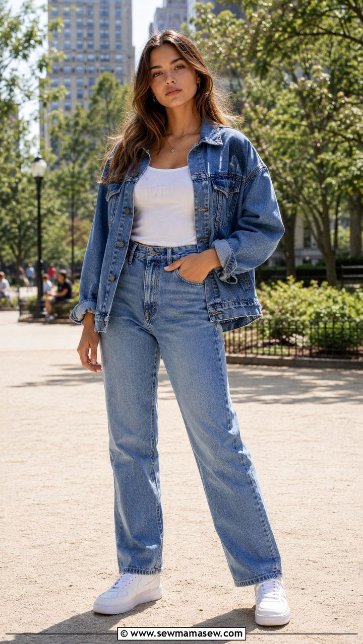 Denim on Denim Outfit With White Sneakers - 25 90s outfits aesthetic