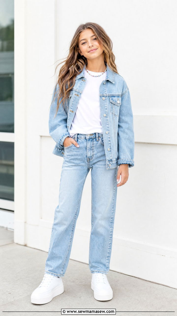 Denim on Denim Outfit With White Tee for Tweens - 20 Tween outfit ideas for girls 2026
